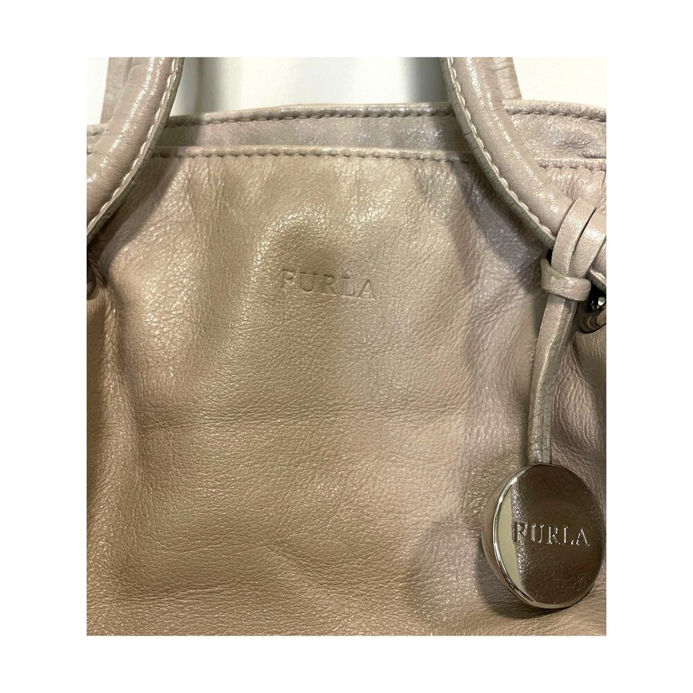 Furla Taupe Leather Top Handle Bag Designer Handbag Silver Embellishments - Picture 8 of 13